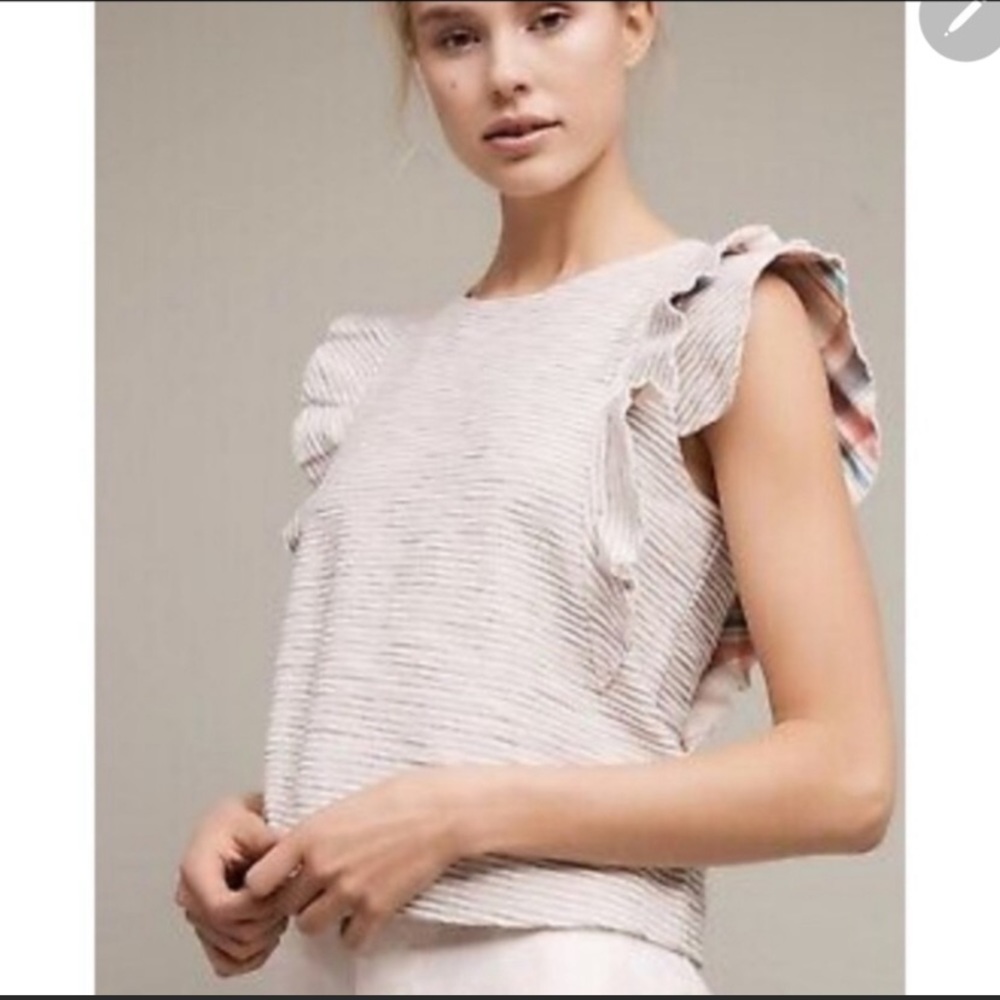 Anthropologie Light Grey Striped Ruffle Sleeve Blouse
